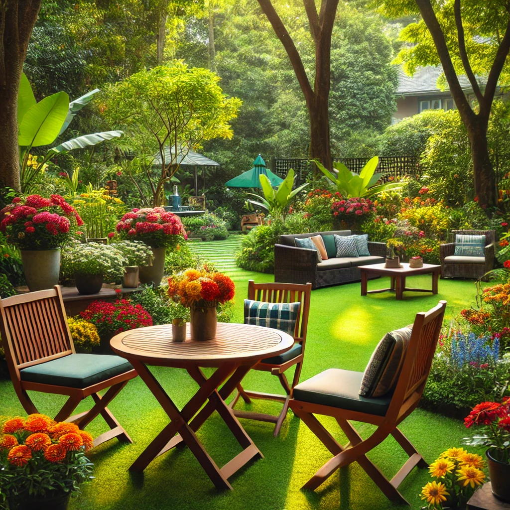 Ein schöner Garten mit Stühlen und einem Tisch, umgeben von üppigem Grün und Blumen